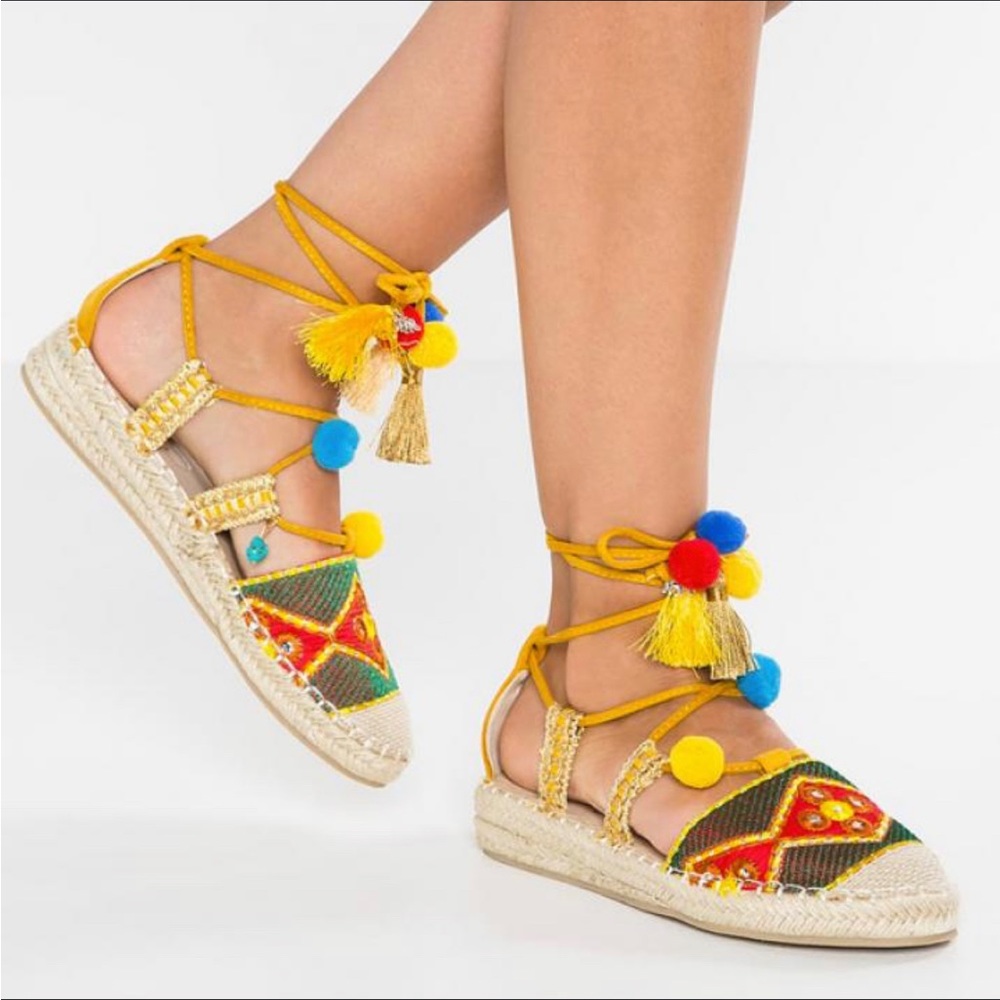 Coolway Raffia Wraparound Pom Pom Espadrille Flats